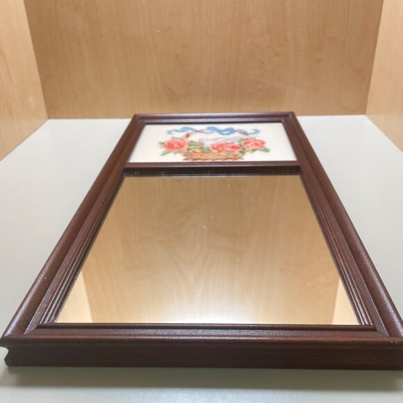 Vintage Wooden Framed Mirror With Handcrafted Cross-Stitch Rose & Dove Design - Picture 8 of 15
